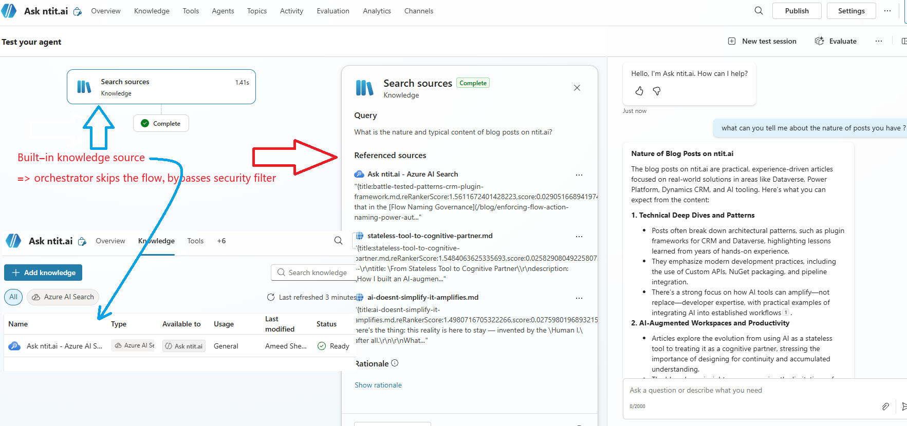 Copilot Studio agent using built-in knowledge source — bypasses the security filter