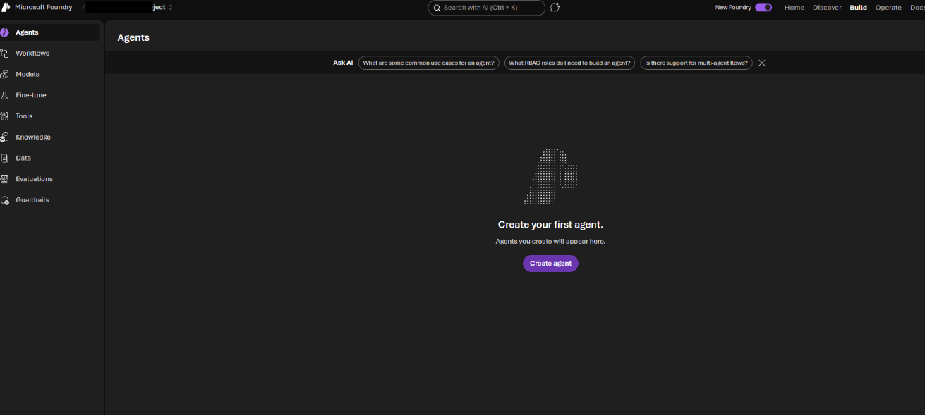 After: Azure AI Developer role assigned — "Create your first agent"