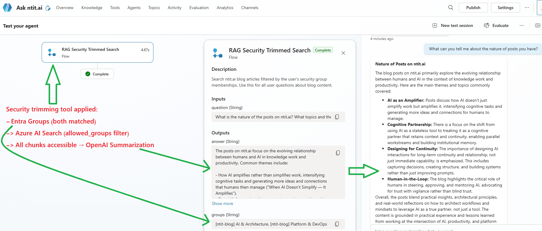 Test 3: "What can you tell me about the nature of posts you have?" — answered when user has both groups