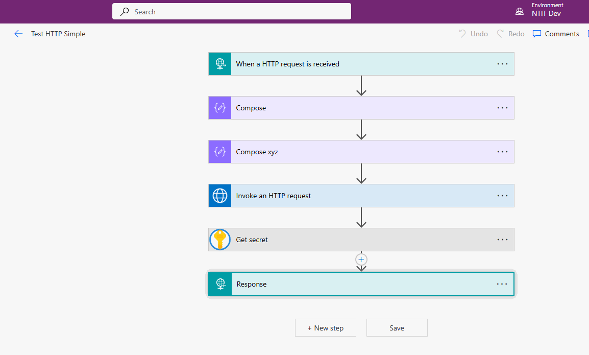 A Power Automate flow with default action names like Compose, Get secret, and Response