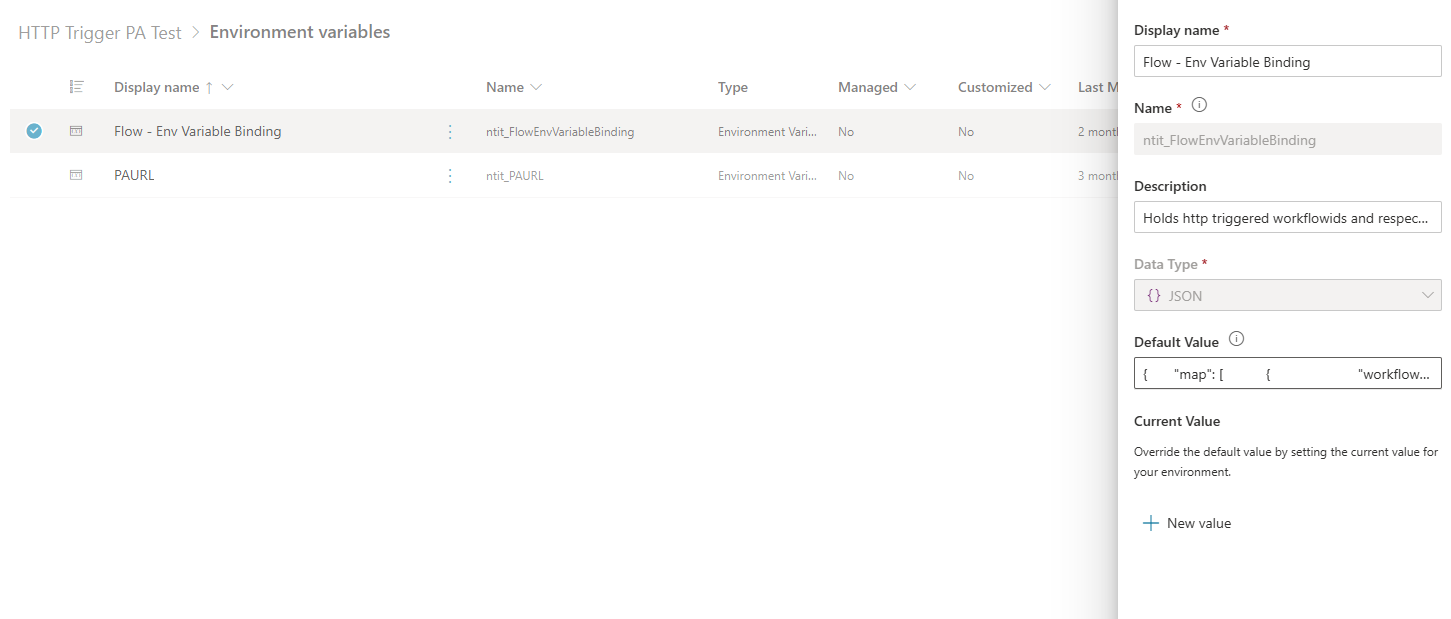 Environment variables in solution — Flow-Env Variable Binding (JSON) and PAURL