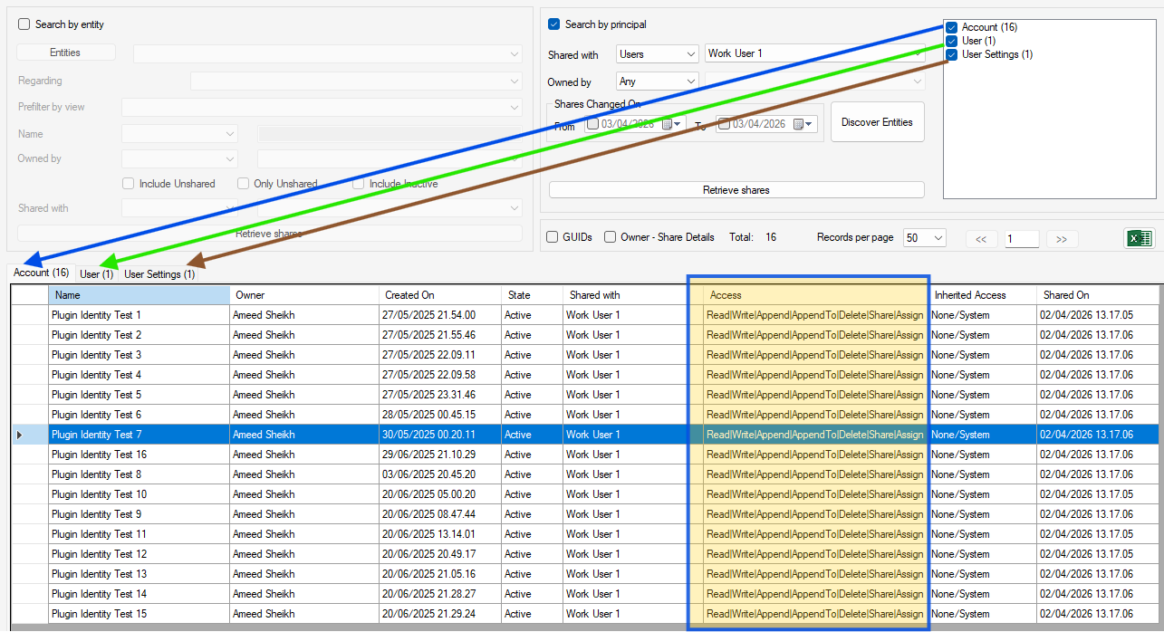 Principal search results in tabbed grids