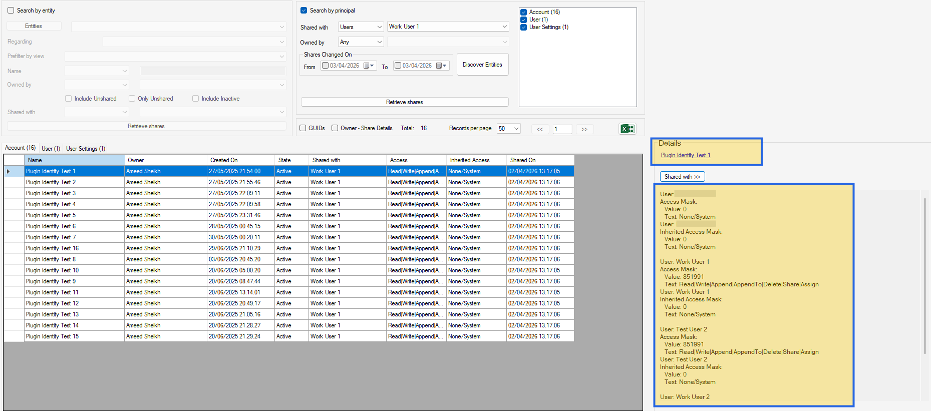 Record sharing details with decoded access rights