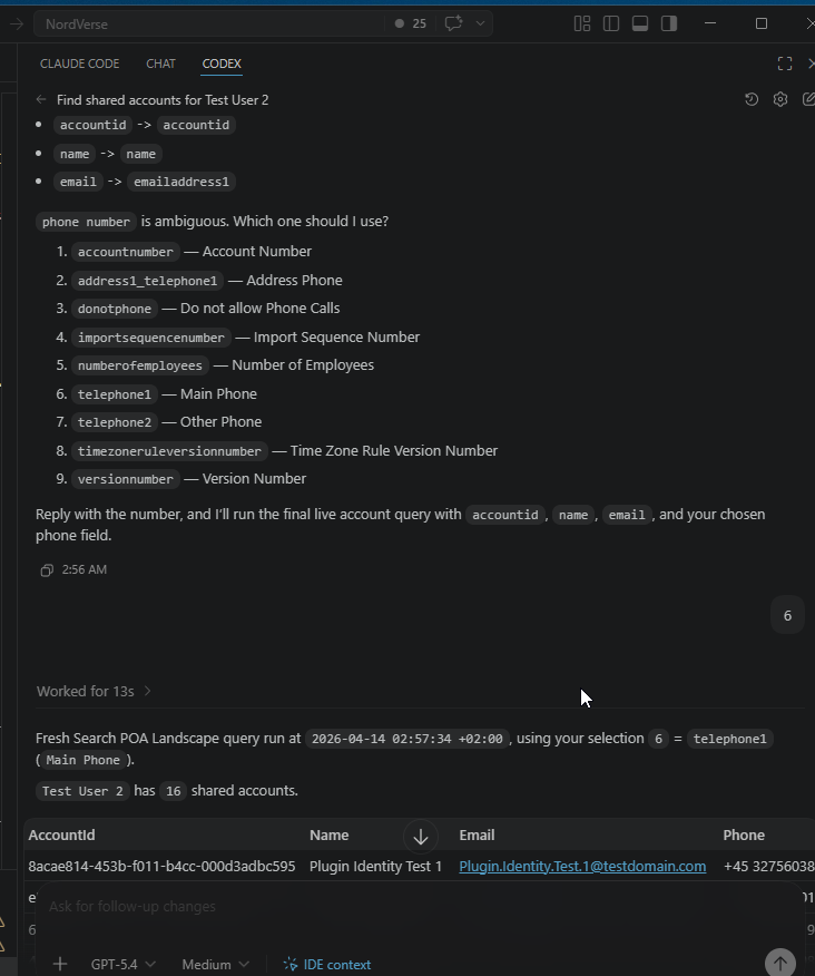 An agent client (Codex) presenting the nine phone-number candidates as a numbered list and asking which one to use, instead of silently picking telephone1